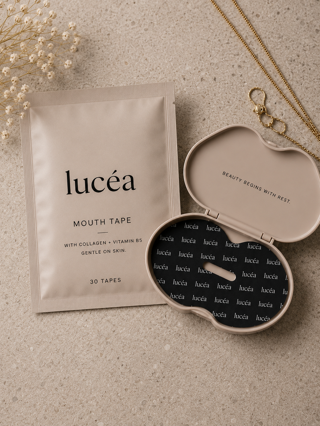 Lucéa mouth tape sachet beside open peanut case