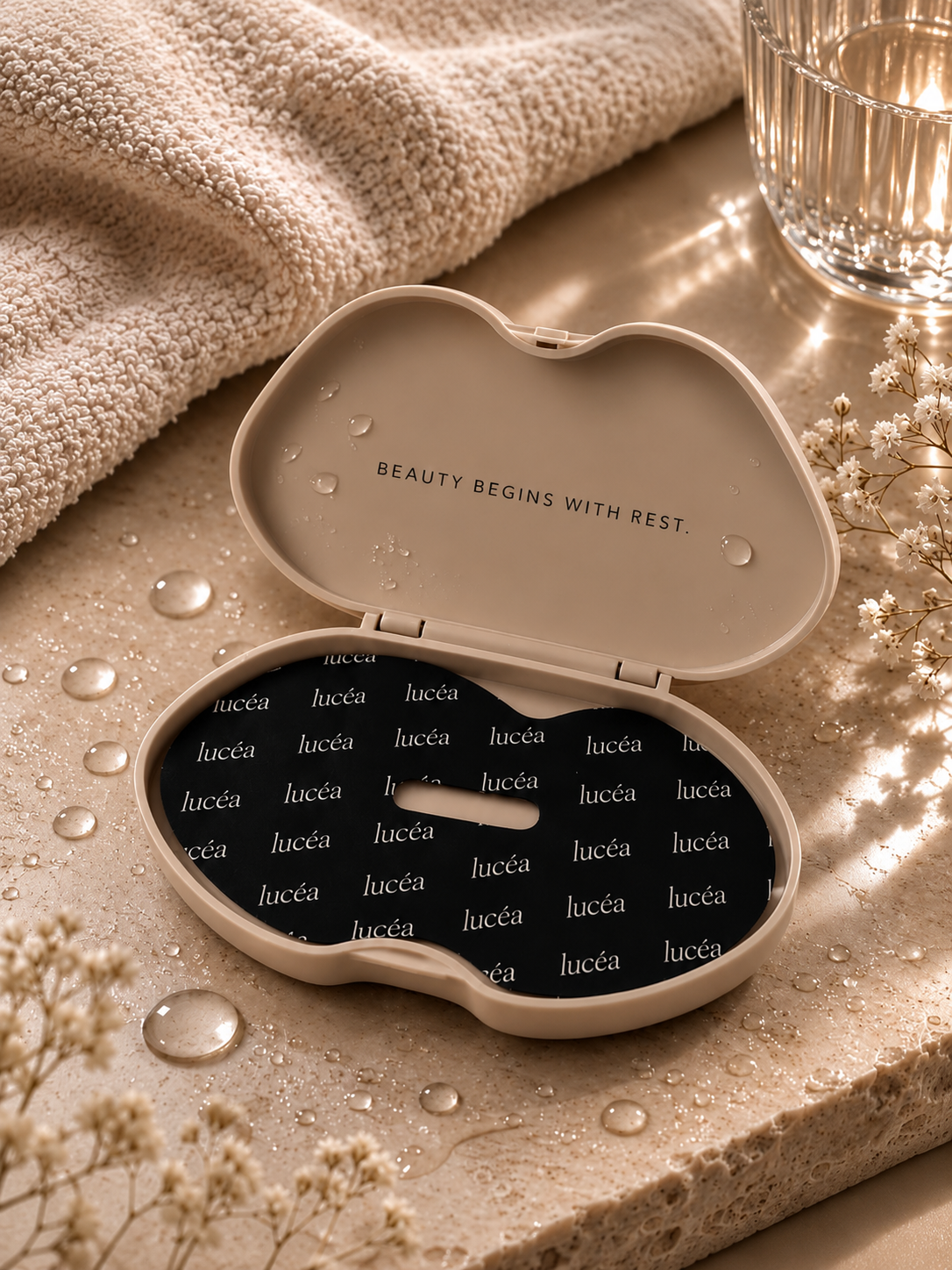 Open Lucéa case with water droplets and towel